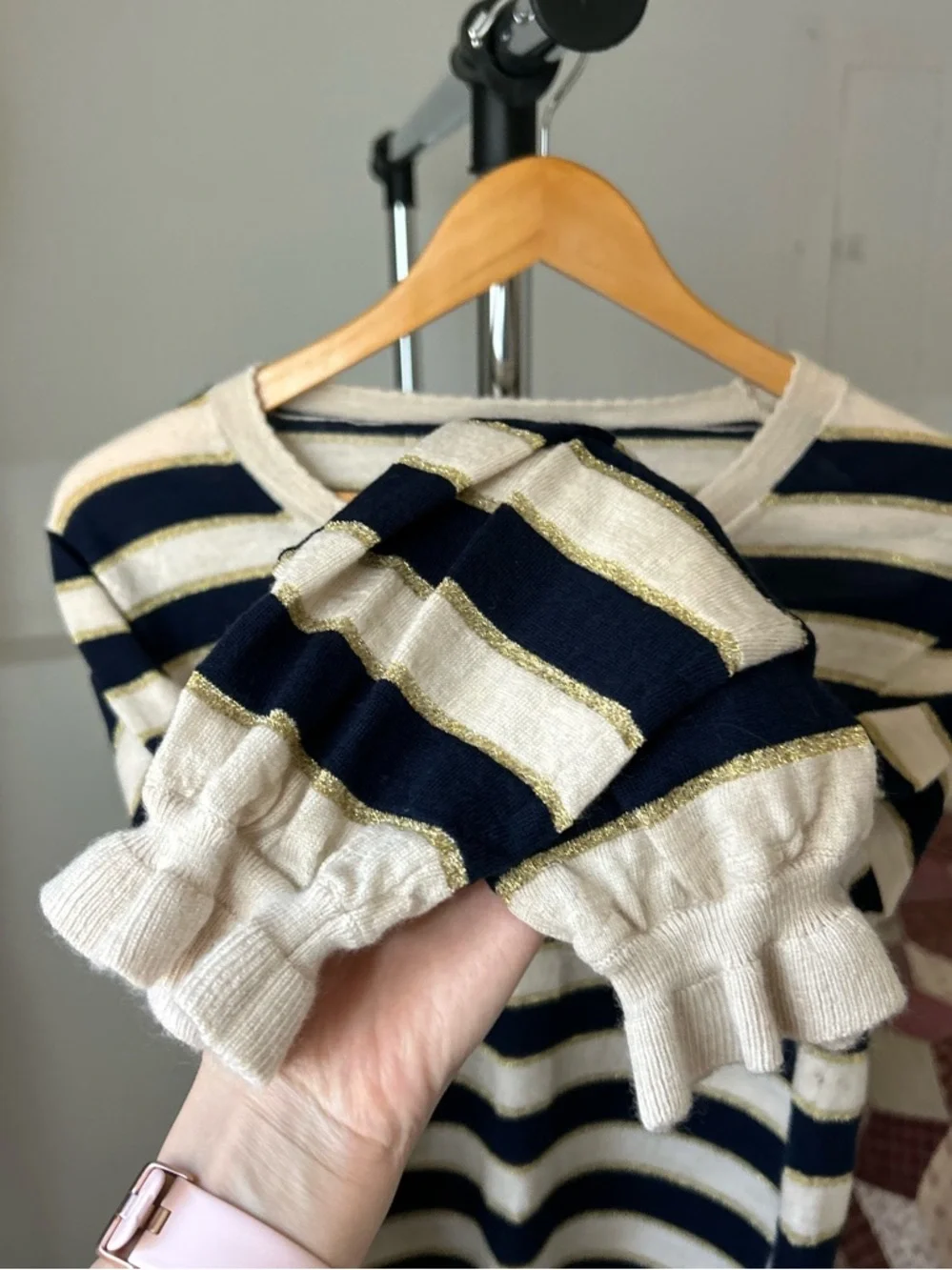 J. Crew Merino Wool Ruffle Sleeve Sweater Metallic Stripe XL